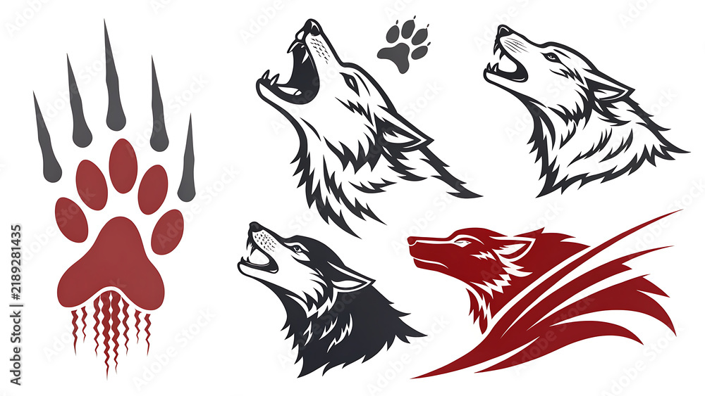 Fototapeta premium Collection of stylized wolf head illustrations and a claw mark on white background