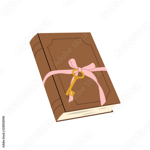 Closed book tied with a pink ribbon and bow with golden key hanging from it. Flat vector illustration of a mysterious book symbolizing secrets, stories and hidden knowledge.