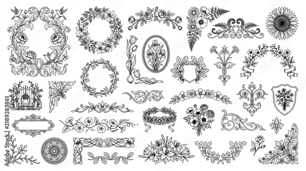 Fototapeta premium Retro Botanical Floral Frames and Book Cover Decorative Vector Elements