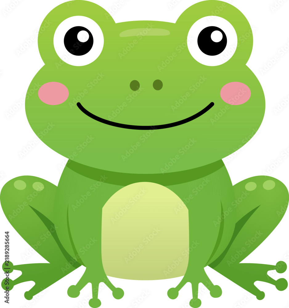 Fototapeta premium Green cartoon frog with smiling face and pink cheeks isolated