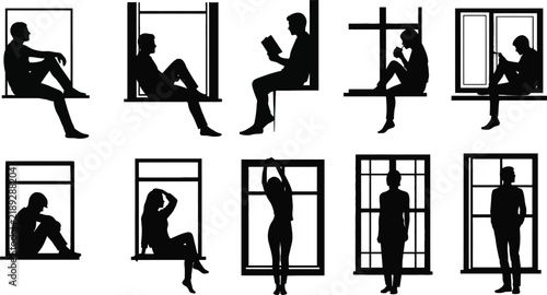 People Sitting and Standing by Windows Silhouettes.