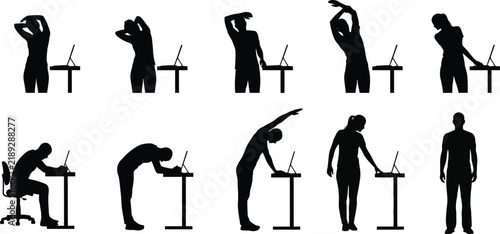 Office Desk Stretching and Ergonomics Silhouette Icons.