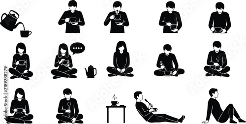 People Drinking Coffee and Tea Silhouette Icon Set.