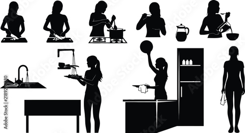Kitchen Cooking and Cleaning Silhouette Icon Set.
