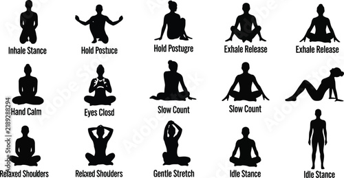 Meditation and Mindfulness Silhouette Icon Set.