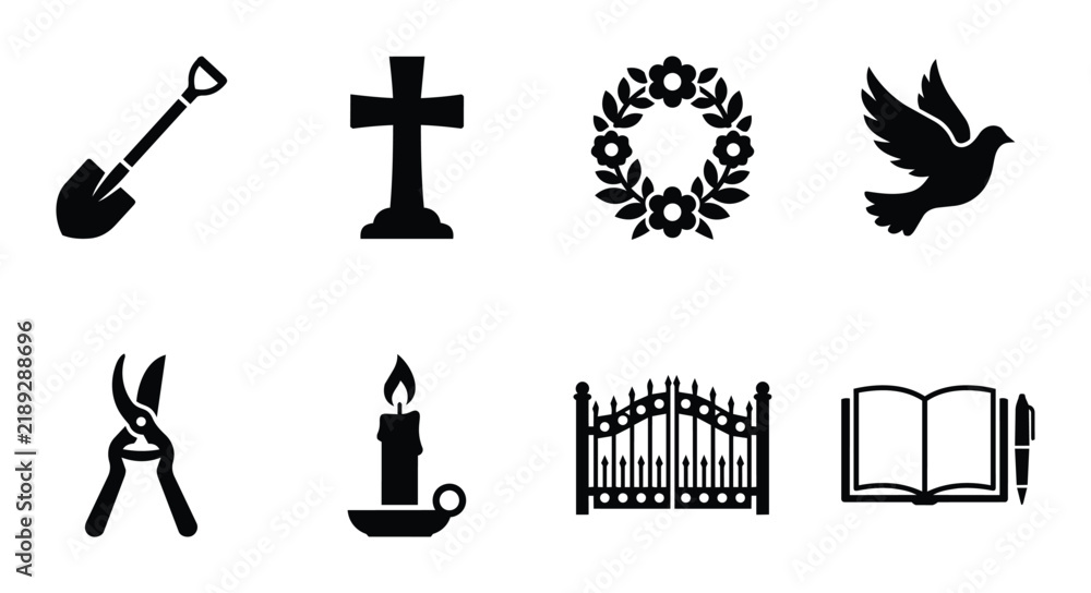 Fototapeta premium Funeral Icons Set, Memorial Vector Graphics, Grief Symbols, Mourning Objects, Cemetery Elements, Remembrance Graphics