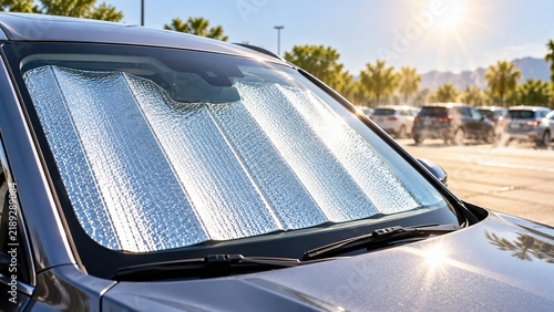 Reflective windshield sun shade covers a parked car window in bright summer sunlight, providing thermal insulation to reduce interior heat, UV exposure, glare, and dashboard temperature.