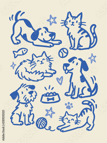 Playful Cats and Dogs Naive Hand Drawn Vertical Print