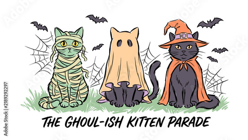 Foto Cute Halloween illustration featuring three kittens dressed as a mummy, a ghost, and a witch standing in a row with bats and spiderwebs