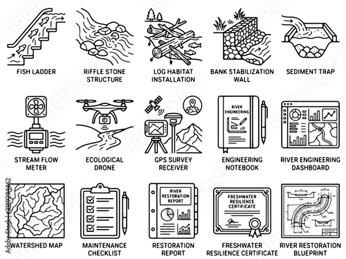 River restoration and watershed management icons set showing ecological engineering tools