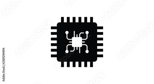 Black silhouette of integrated circuit with internal connections on white