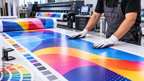 Technician inspecting large format printed media for color and print quality, representing digital printing, quality control and commercial graphics production.