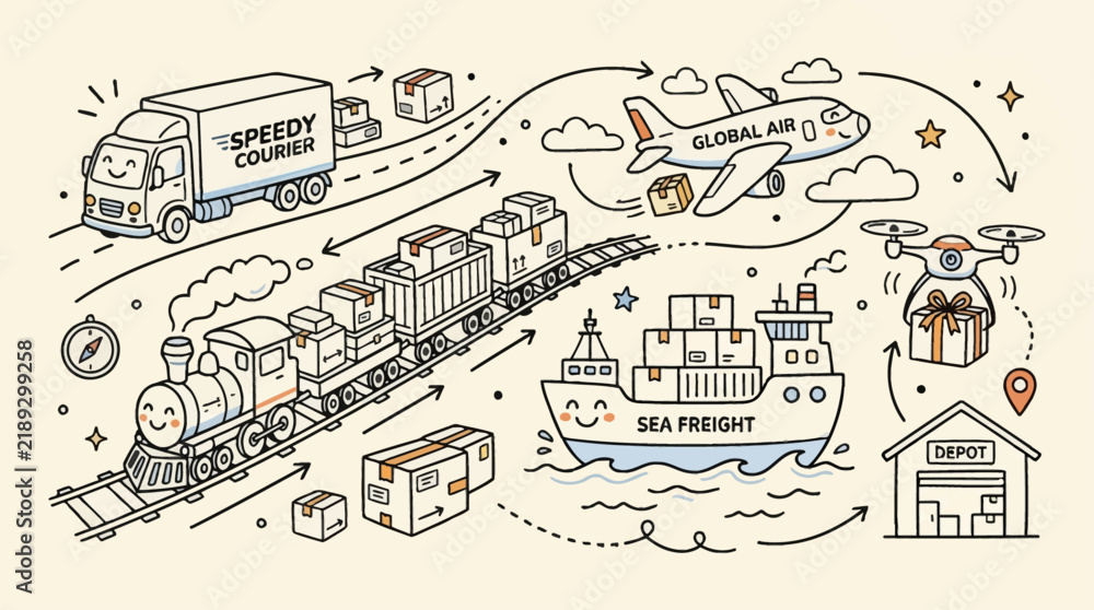 Fototapeta premium A charming cartoon illustration of a global logistics and supply chain network, featuring trucks, trains, airplanes, ships, and drones transporting packages to a storage warehouse.
