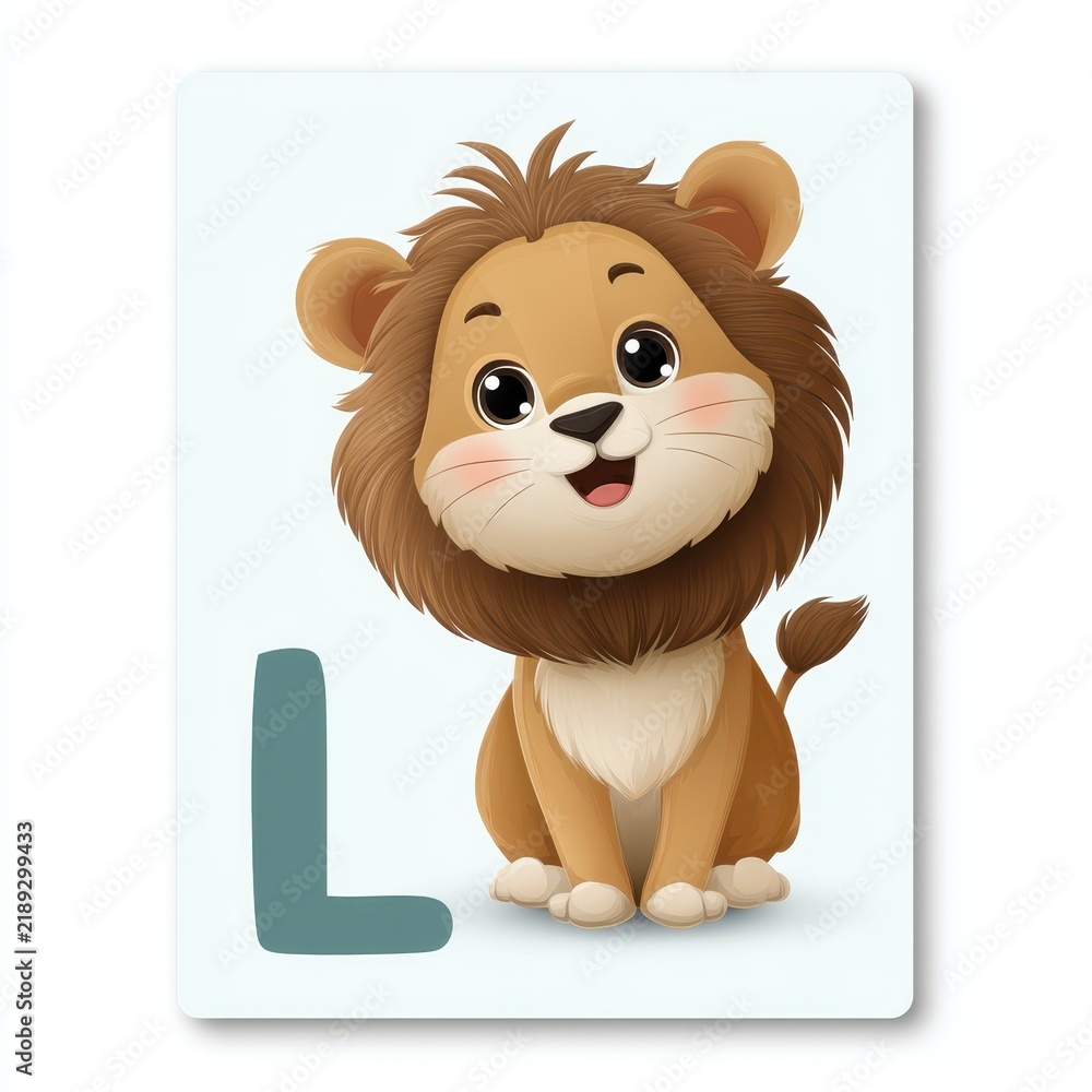 Fototapeta premium Adorable Cartoon Lion Representing Letter L for Children’s English Alphabet Education Illustration.