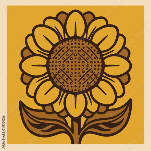 Retro linocut style sunflower graphic with warm yellow and brown tones on square background