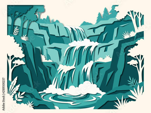 Beautiful layered paper cut style waterfall flowing through a rocky canyon with teal forest trees