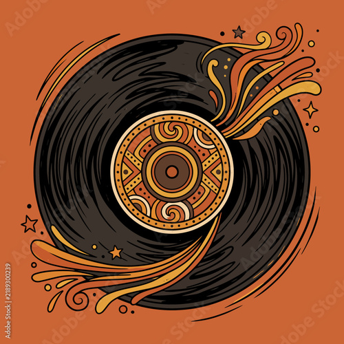 Groovy retro vinyl record illustration with vibrant abstract flames and musical rhythm artistic design