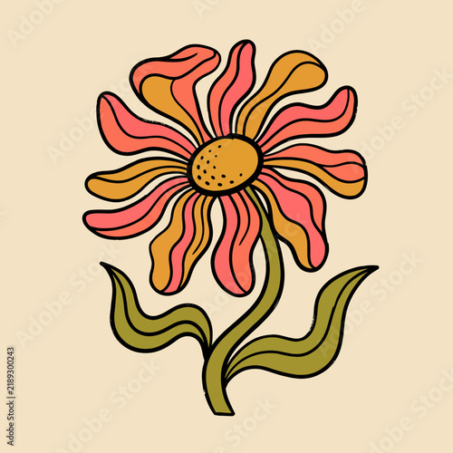 Groovy 1970s retro flower illustration featuring wavy petals and earthy tones in a vintage psychedelic style design