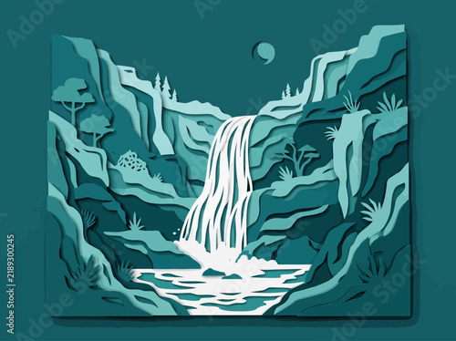 Stunning paper cut style illustration of a serene wilderness landscape featuring a majestic waterfall cascading down layered teal mountains under a calm sky