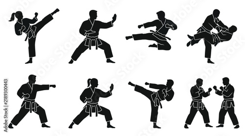 Set of martial arts silhouettes showing people practicing combat moves