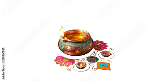 Copper diya lamp on decorative metal rangoli isolated on transparent background