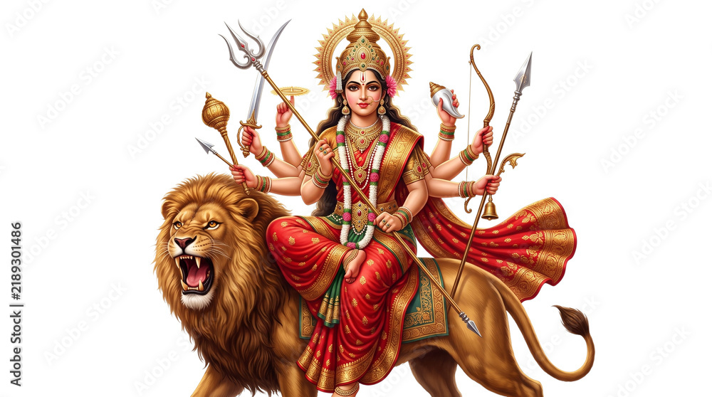 Fototapeta premium Goddess durga riding a lion isolated on transparent background