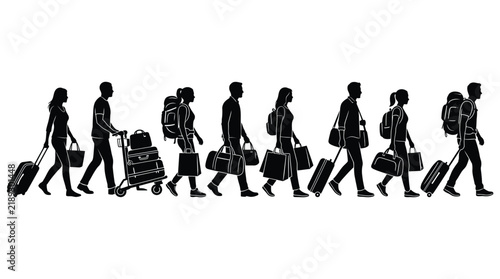 Silhouettes of diverse travelers walking with luggage