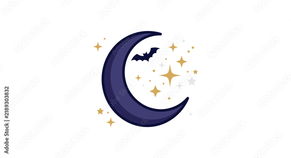 Fototapeta premium Halloween crescent moon with flying bat and glowing stars vector