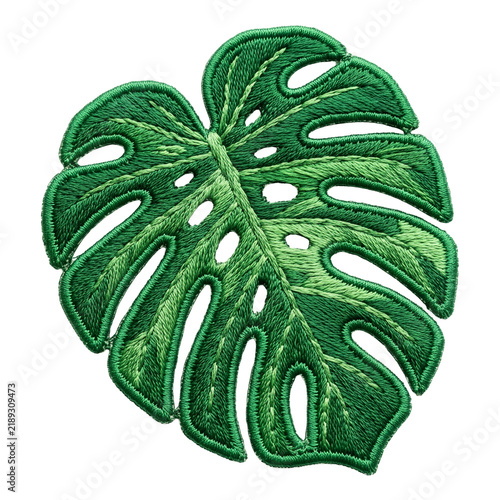 Monstera leaf in green embroidered patch badge