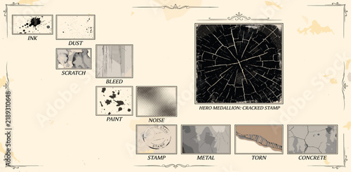 Screen print distress stamp texture with grunge noise, grain, scratches, speckles, rough edges and cracked ink overlay for creating vintage textured backgrounds and graphic effects	
