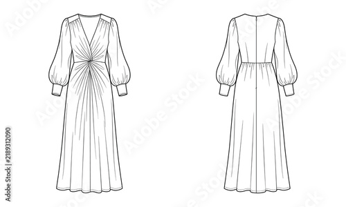 Women front and back twist front long sleeve maxi dress technical sketch, fashion design template, garment drawing
