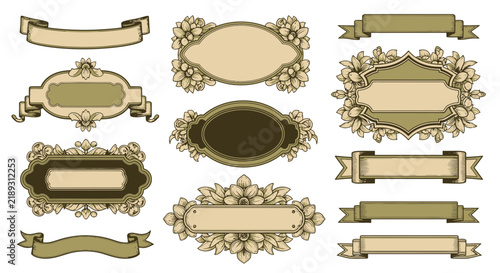 Vintage Floral Banner Frames & Labels, Ornate Decorative Ribbons