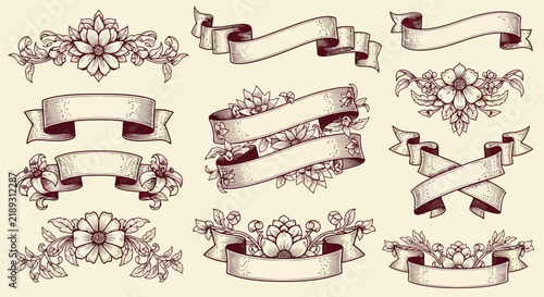 Vintage Floral Banners and Ribbons Collection - Isolated Vector Elements
