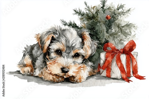 Cute Holiday Dog with Christmas Bone and Festive Tree Branch