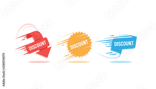 Discount labels in fast speed style including red arrow, yellow starburst, and blue ribbon for clearance sale events.