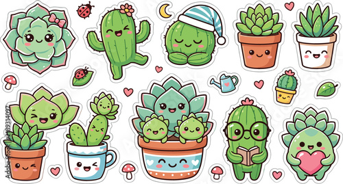 Cute succulent and cactus cartoon sticker elements set featuring happy kawaii potted plants sleeping cactus reading character and decorative hearts