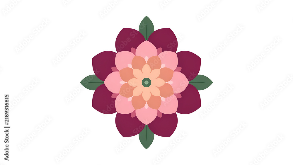 Fototapeta premium A symmetrical floral featuring layered petals in shades of dark purple, light pink, and peach with a central dark green geometric star shape on a white background