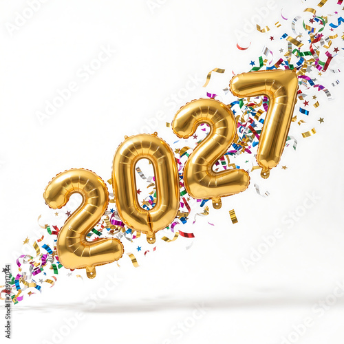 Golden foil balloons displaying the year 2027 with colorful falling confetti isolated on a white background