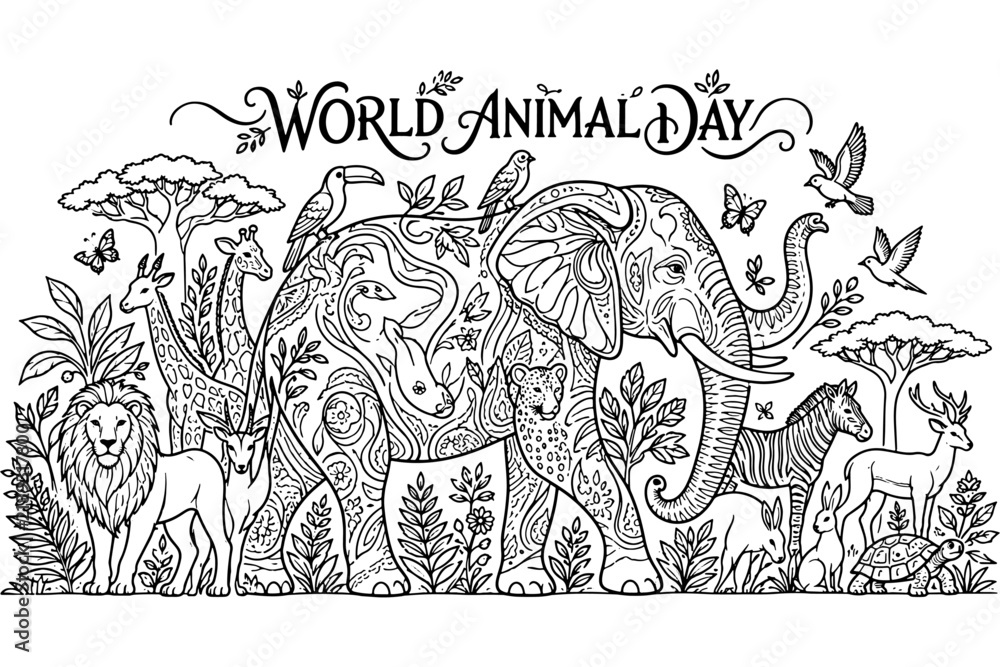 Obraz premium World Animal Day Coloring Page with Wildlife Animals