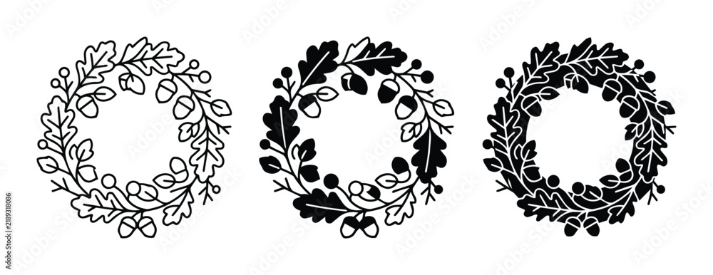Fototapeta premium Autumn Oak Leaf and Acorn Wreaths, Vector Set, Seasonal Decorative Elements