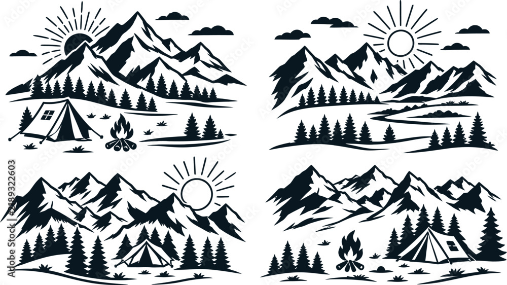 Fototapeta premium Premium Vector Collection of Mountain Landscapes for Camping and Hiking featuring Pine Forests, Tents, Campfires, and Scenic Sunsets for Outdoor Adventure and Wilderness Branding.
