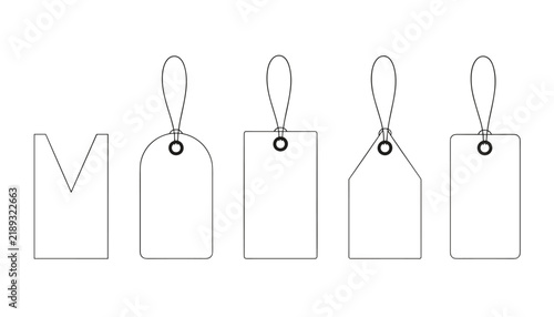 Set of five blank outline price tag templates of various shapes on a clean white background.