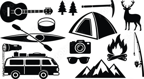 Adventure Camping Icon Set: Vector Silhouettes of Camper Van, Tent, Kayak, Mountain Peaks, Campfire, Fishing Gear, and Wild Animals for Outdoor Travel, Hiking, and Nature Design Layouts.