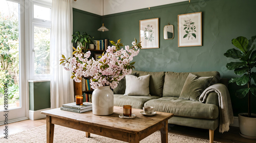Vase with blossoming branches on coffee table near green wall in room
