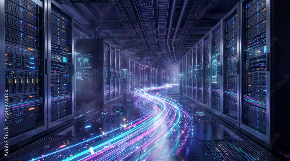 Fototapeta premium Dynamic neon light trails emerging from server racks illustrating high speed data processing and digital network flow