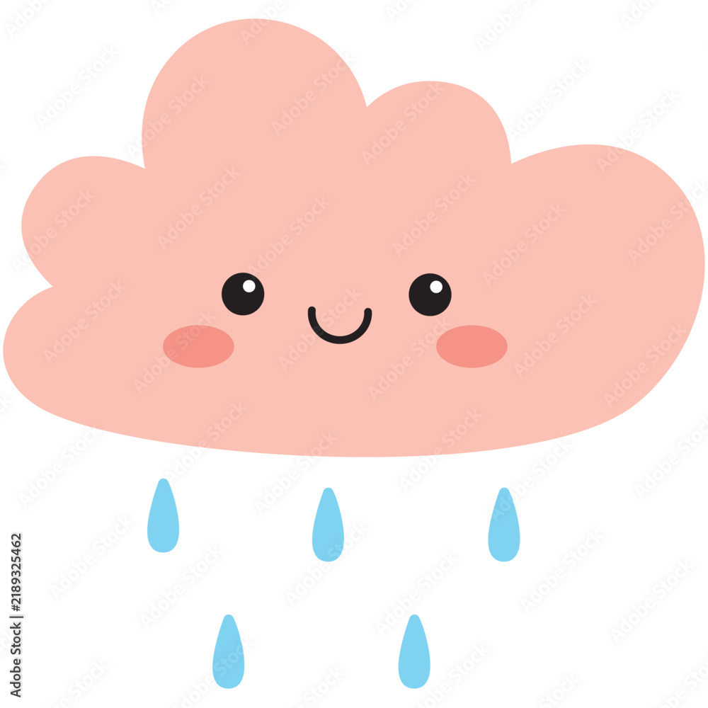 Fototapeta premium Smiling rain cloud with blue droplets, great for weather illustration sets, seasonal nature art, and cute cartoon graphics