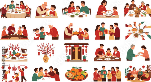 Vector flat illustration set of Chinese New Year family celebration featuring reunion dinner gathering giving red envelopes and holiday decorations
