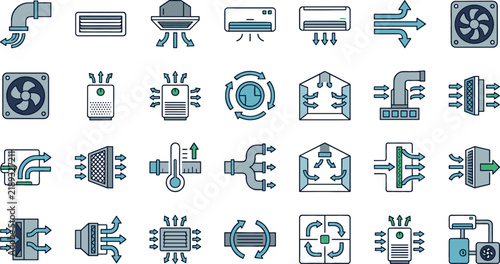 Vector ventilation and hvac icon set featuring air conditioning units exhaust fans ductwork filters and temperature control systems