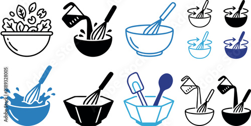 Cooking and Baking Icon Set with Mixing Bowl, Whisk, Salad, Spatula, and Measuring Pitcher Symbols for Recipe Apps and Restaurant Menu Designs