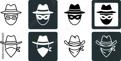 Bild auf Leinwand Criminal Thief and Wild West Cowboy Bandit Icon Set Featuring Masked Outlaw Spy